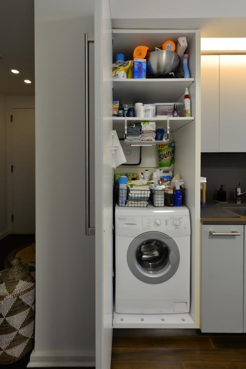 washroom featuring laundry area, recessed lighting, washer / clothes dryer, and wood finished floors