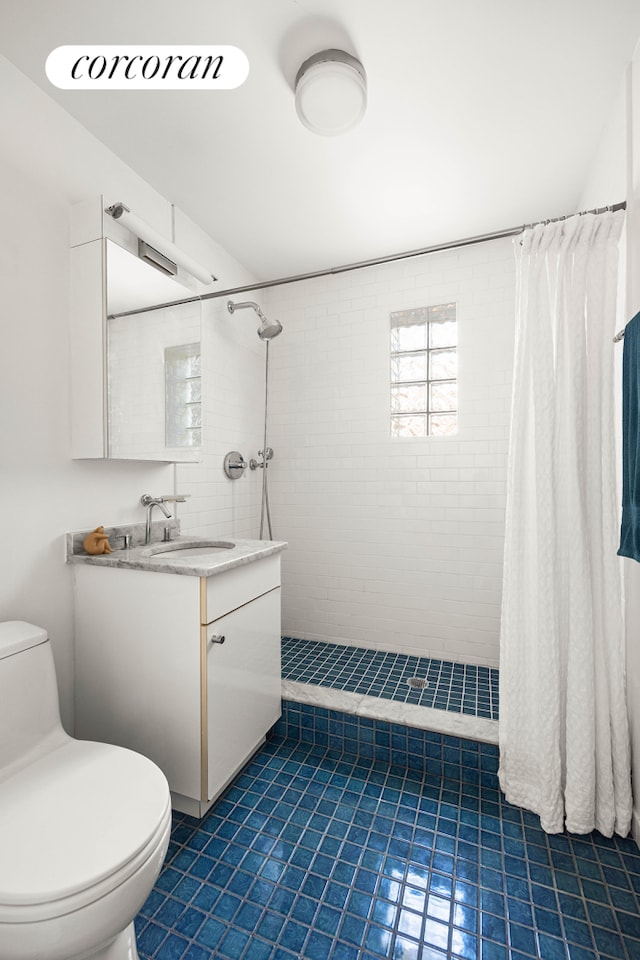 full bath featuring vanity, toilet, and a tile shower