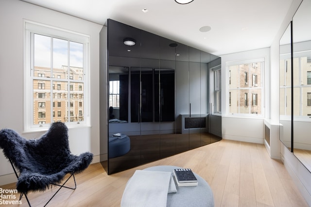 interior space featuring baseboards and light wood finished floors