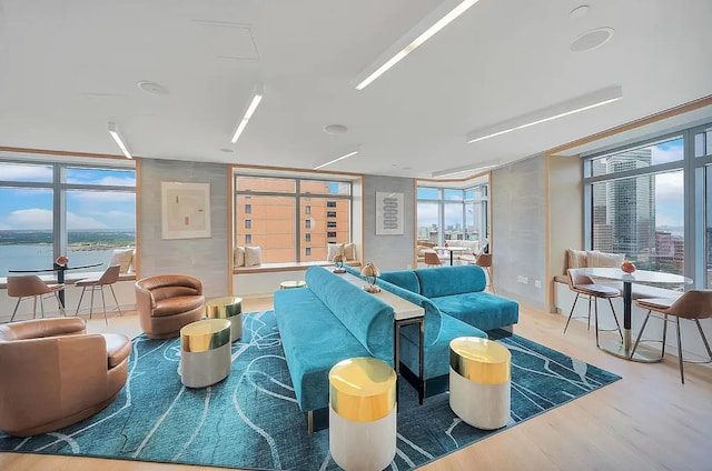 building lobby featuring a water view