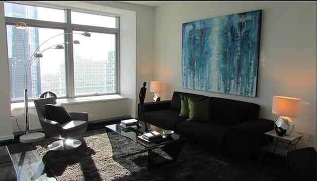 living area with baseboards and wood finished floors