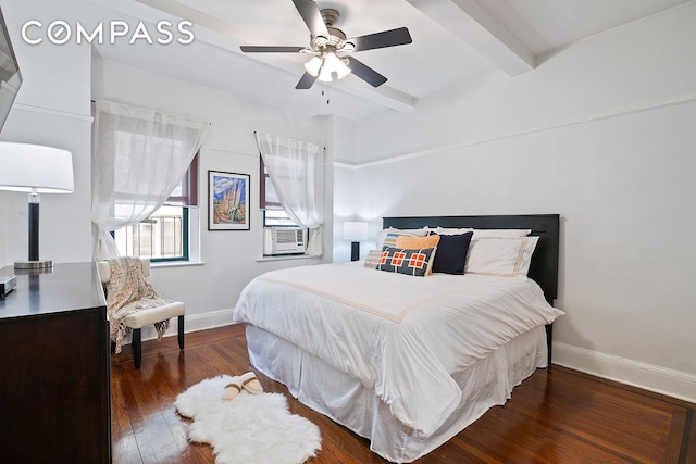bedroom with beam ceiling, baseboards, wood finished floors, cooling unit, and ceiling fan