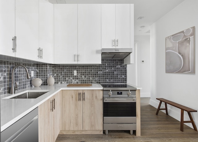 kitchen with stainless steel appliances, a sink, under cabinet range hood, light countertops, and dark wood finished floors