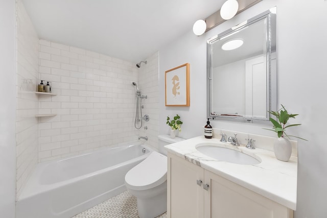 full bath with vanity, bathing tub / shower combination, toilet, and tile patterned floors