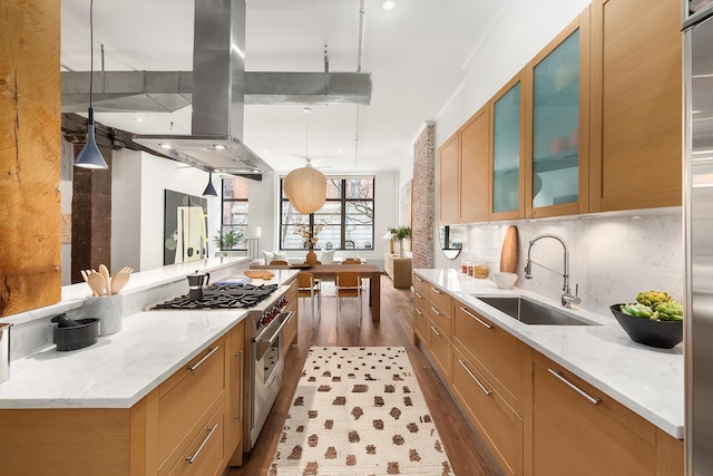 kitchen with high end stainless steel range, a sink, backsplash, dark wood-style floors, and island range hood