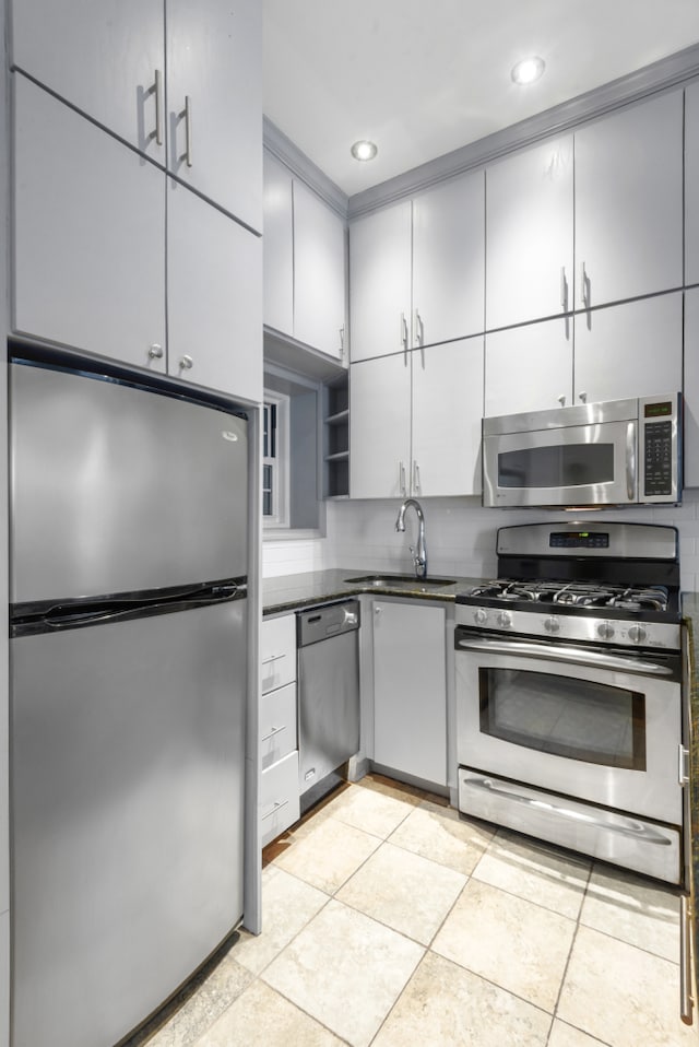 kitchen with stainless steel appliances, a sink, recessed lighting, open shelves, and light tile patterned flooring