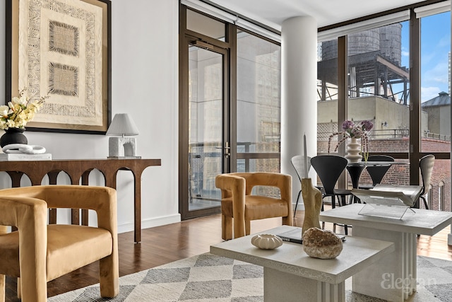 interior space featuring floor to ceiling windows, baseboards, and wood finished floors