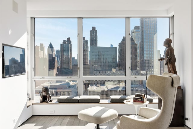 living area featuring a view of city and wood finished floors