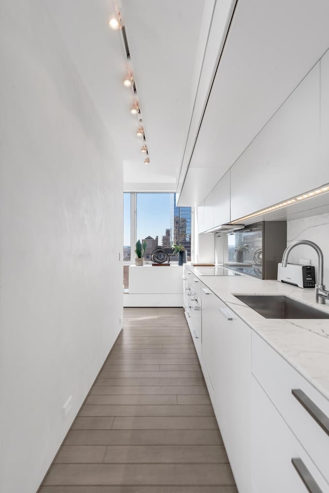 kitchen featuring track lighting, a sink, light stone counters, wood finished floors, and white cabinetry