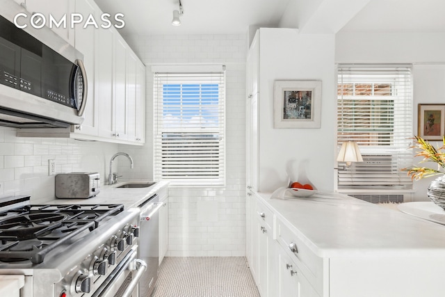 kitchen with a sink, plenty of natural light, white cabinetry, and stainless steel appliances