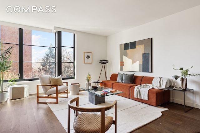 living area featuring baseboards and wood-type flooring