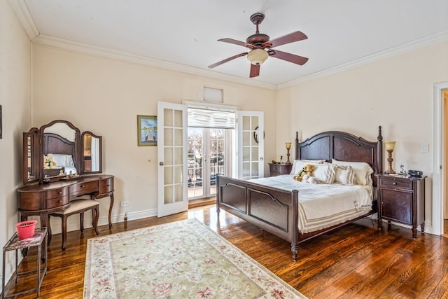 bedroom featuring access to exterior, crown molding, baseboards, dark wood finished floors, and french doors