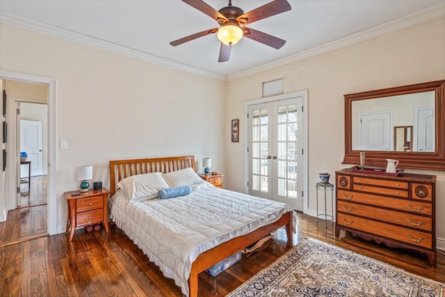 bedroom featuring wood finished floors, baseboards, ceiling fan, ornamental molding, and french doors