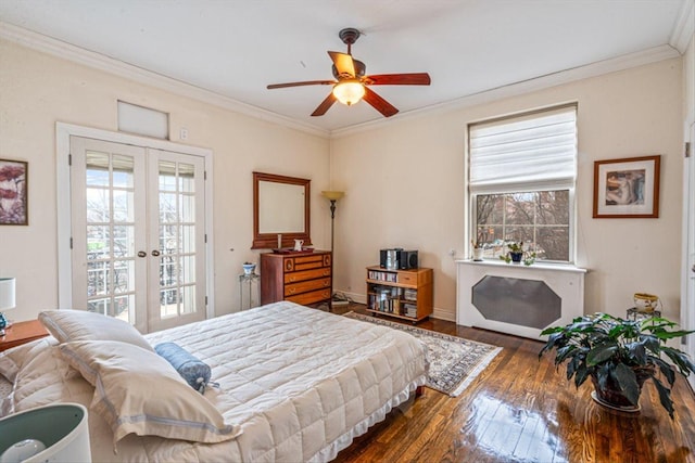 bedroom with crown molding, french doors, hardwood / wood-style flooring, a ceiling fan, and access to outside