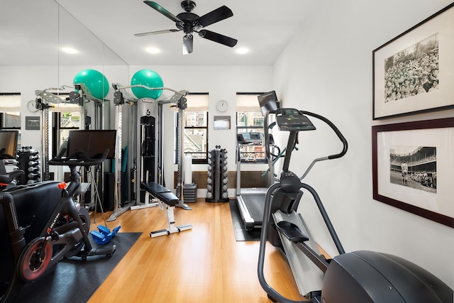 exercise area with a ceiling fan and light wood finished floors