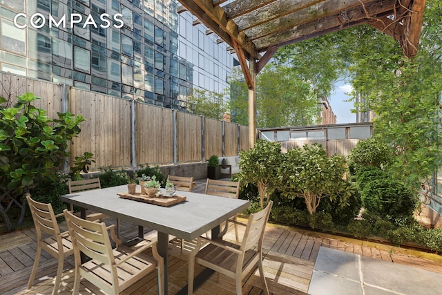 view of patio / terrace with outdoor dining area, a fenced backyard, and a pergola