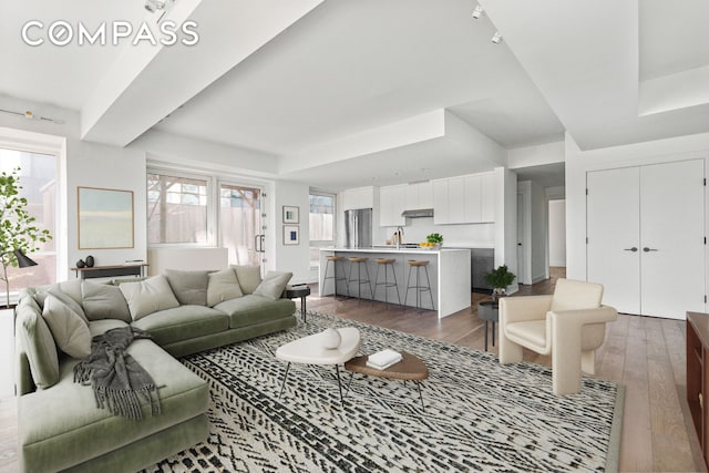 living room with dark wood-style flooring