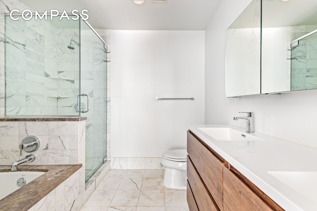 bathroom with a bath, toilet, a marble finish shower, and marble finish floor