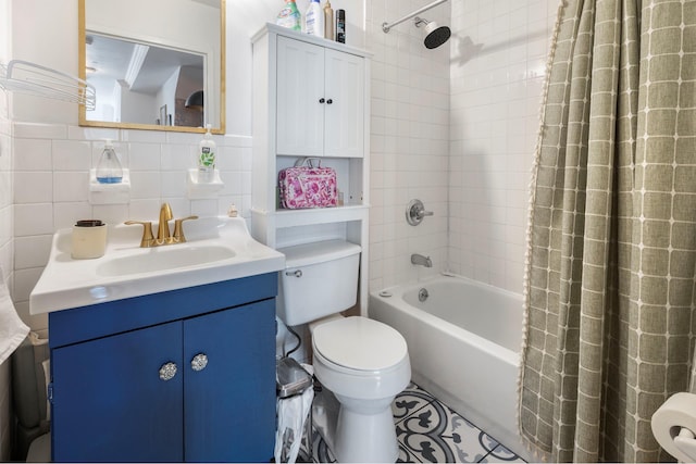 full bathroom featuring tasteful backsplash, tile walls, toilet, vanity, and shower / bathtub combination with curtain