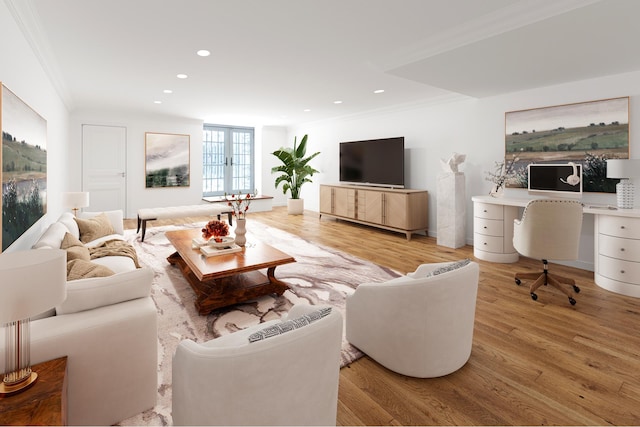 living area featuring recessed lighting, crown molding, and wood finished floors