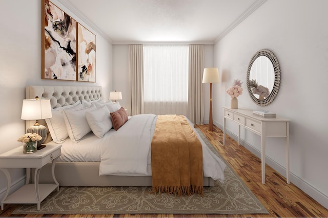 bedroom with crown molding, baseboards, and wood finished floors