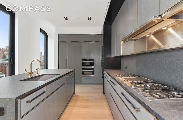 kitchen with light wood finished floors, stainless steel appliances, a sink, dark countertops, and backsplash