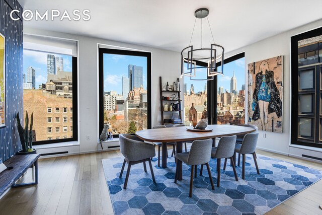 505 W 19th St Unit 7W, New York City, NY 10011 - dining room with plenty of natural light, a view of city, hardwood / wood-style flooring, and a chandelier