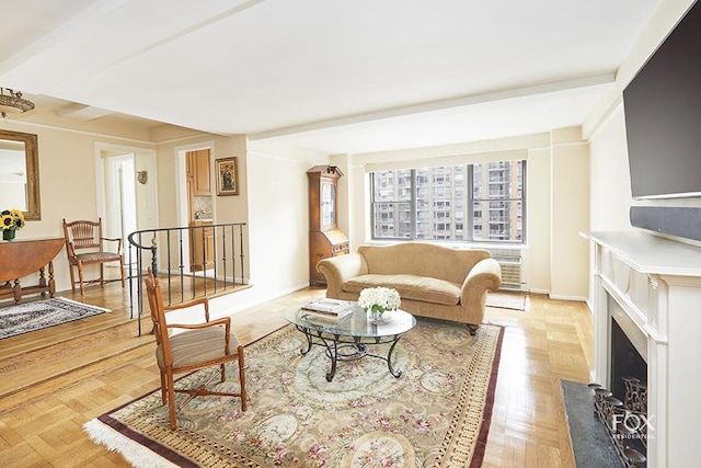 living area with baseboards and a fireplace with flush hearth