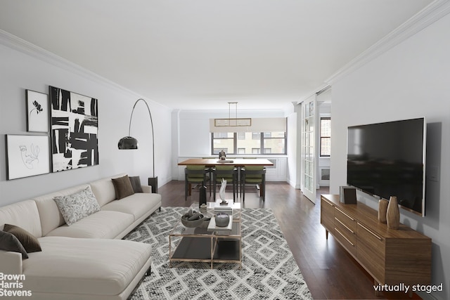 living room with crown molding and dark wood-type flooring