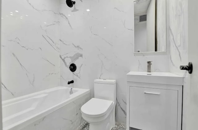 full bath featuring visible vents, toilet, vanity, shower / tub combination, and tile walls