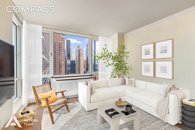 living area featuring a city view, light wood-type flooring, and ornamental molding