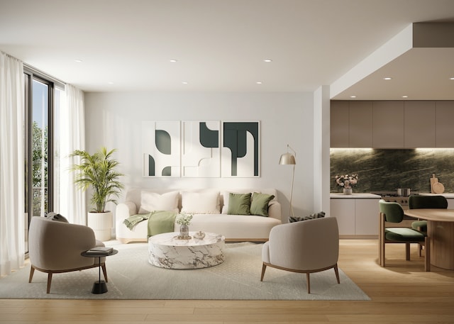 living room with recessed lighting, floor to ceiling windows, and light wood-type flooring