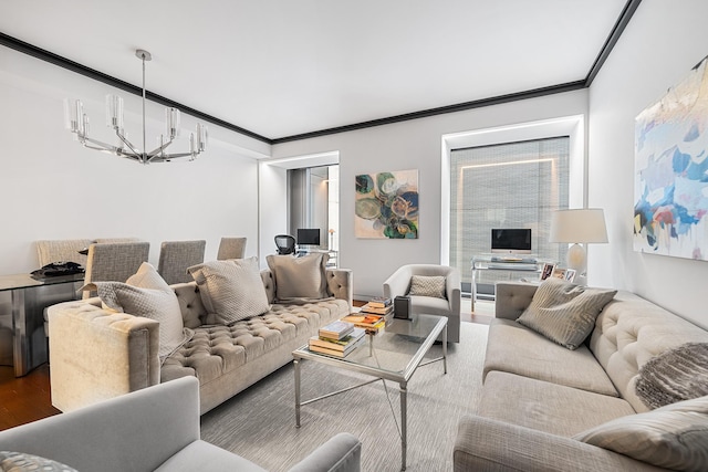 living room featuring a chandelier, wood finished floors, and ornamental molding