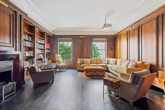 123 E 69th St, New York City, NY 10021 - living room with dark wood-style flooring, ornamental molding, and a fireplace