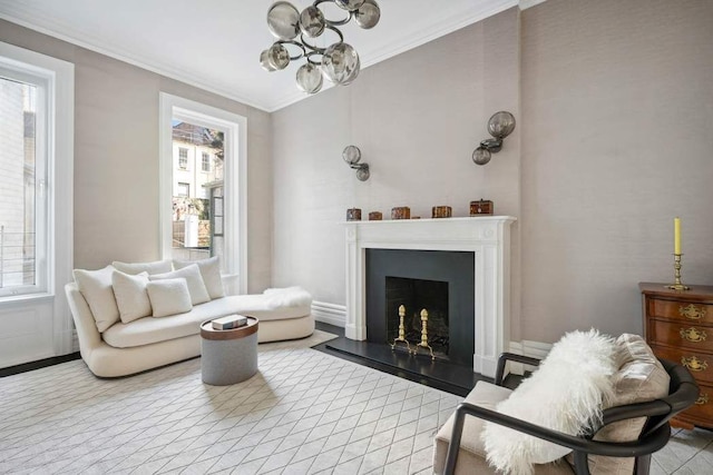 123 E 69th St, New York City, NY 10021 - living area with a chandelier, a fireplace, and crown molding