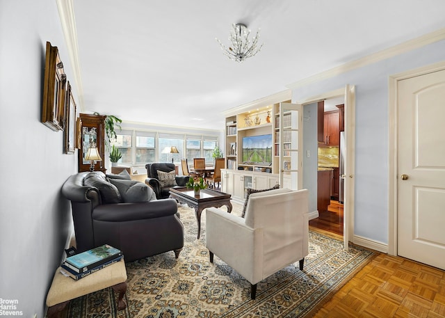 living room with baseboards and ornamental molding