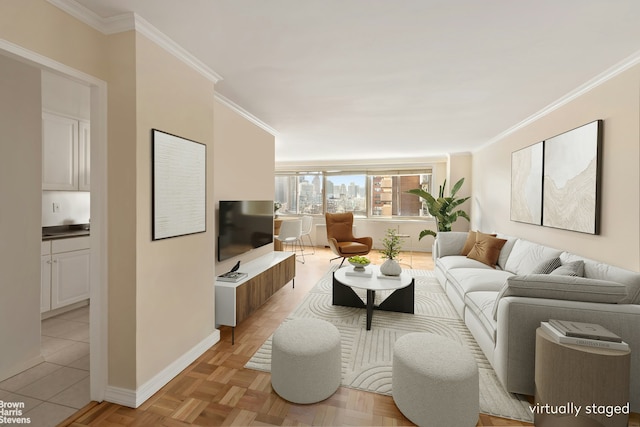 living room with baseboards and ornamental molding