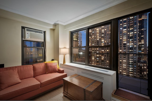 interior space with a view of city, ornamental molding, and an AC wall unit