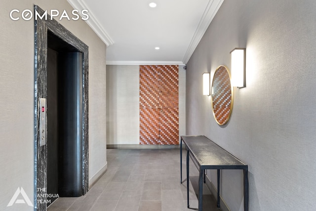 152 E 35th St Unit 3A, New York City, NY 10016 - hallway featuring ornamental molding, recessed lighting, and elevator