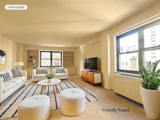1036 Park Ave Unit 9D, New York City, NY 10028 - living room featuring built in shelves and light colored carpet