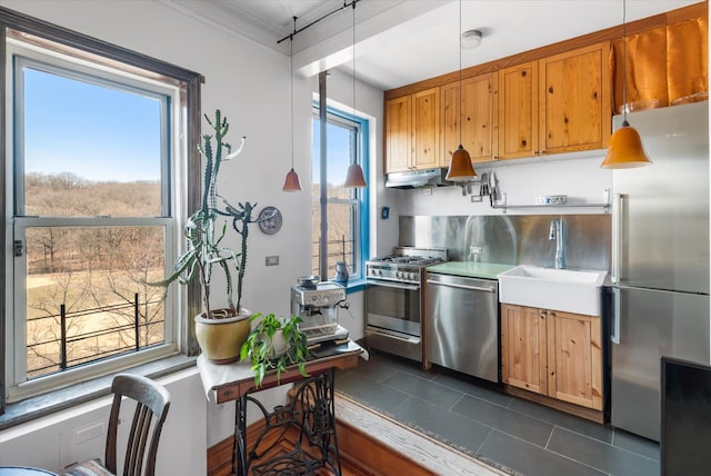 kitchen with backsplash, under cabinet range hood, light countertops, appliances with stainless steel finishes, and a sink