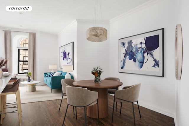 dining room featuring visible vents, baseboards, dark wood finished floors, and crown molding