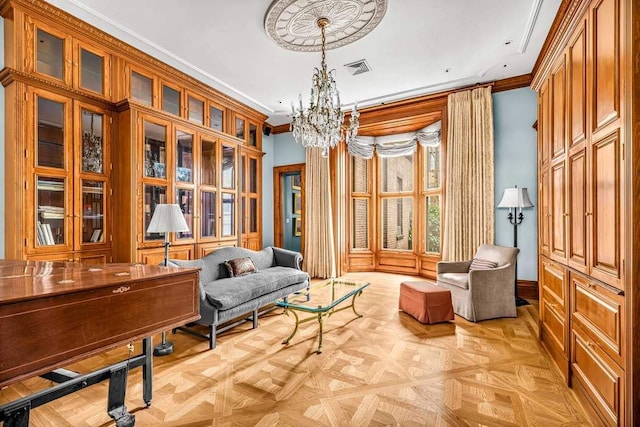sitting room featuring baseboards, a notable chandelier, ornamental molding, and visible vents