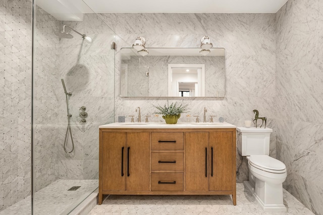 bathroom with a sink, toilet, walk in shower, and double vanity