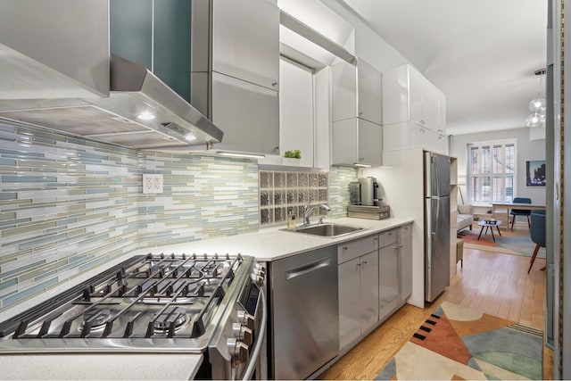 kitchen with light wood-type flooring, a sink, appliances with stainless steel finishes, exhaust hood, and light countertops