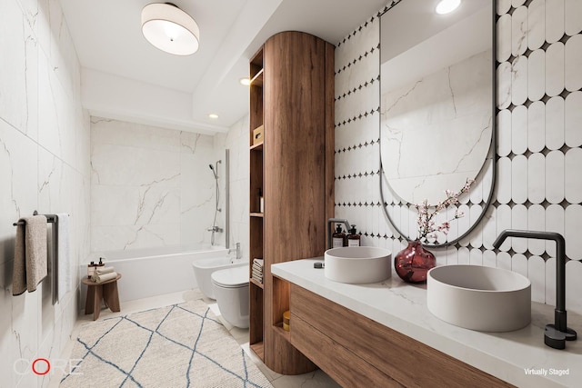 bathroom with double vanity, shower / bathing tub combination, recessed lighting, tile walls, and toilet