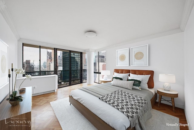 255 E 49th St Unit 31Abf, New York City, NY 10022 - bedroom with crown molding, multiple windows, floor to ceiling windows, access to exterior, and baseboards