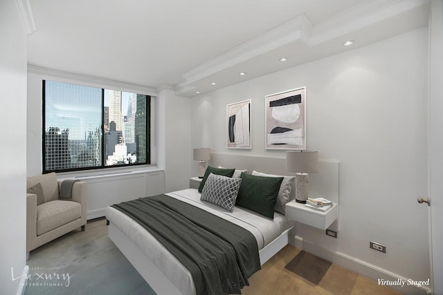 bedroom with recessed lighting, baseboards, wood finished floors, and crown molding