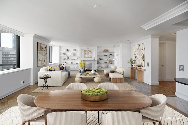 255 E 49th St Unit 31Abf, New York City, NY 10022 - dining area featuring baseboards, built in features, and ornamental molding
