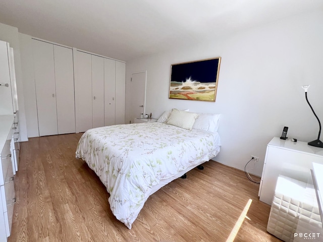 bedroom featuring multiple closets and light wood-type flooring